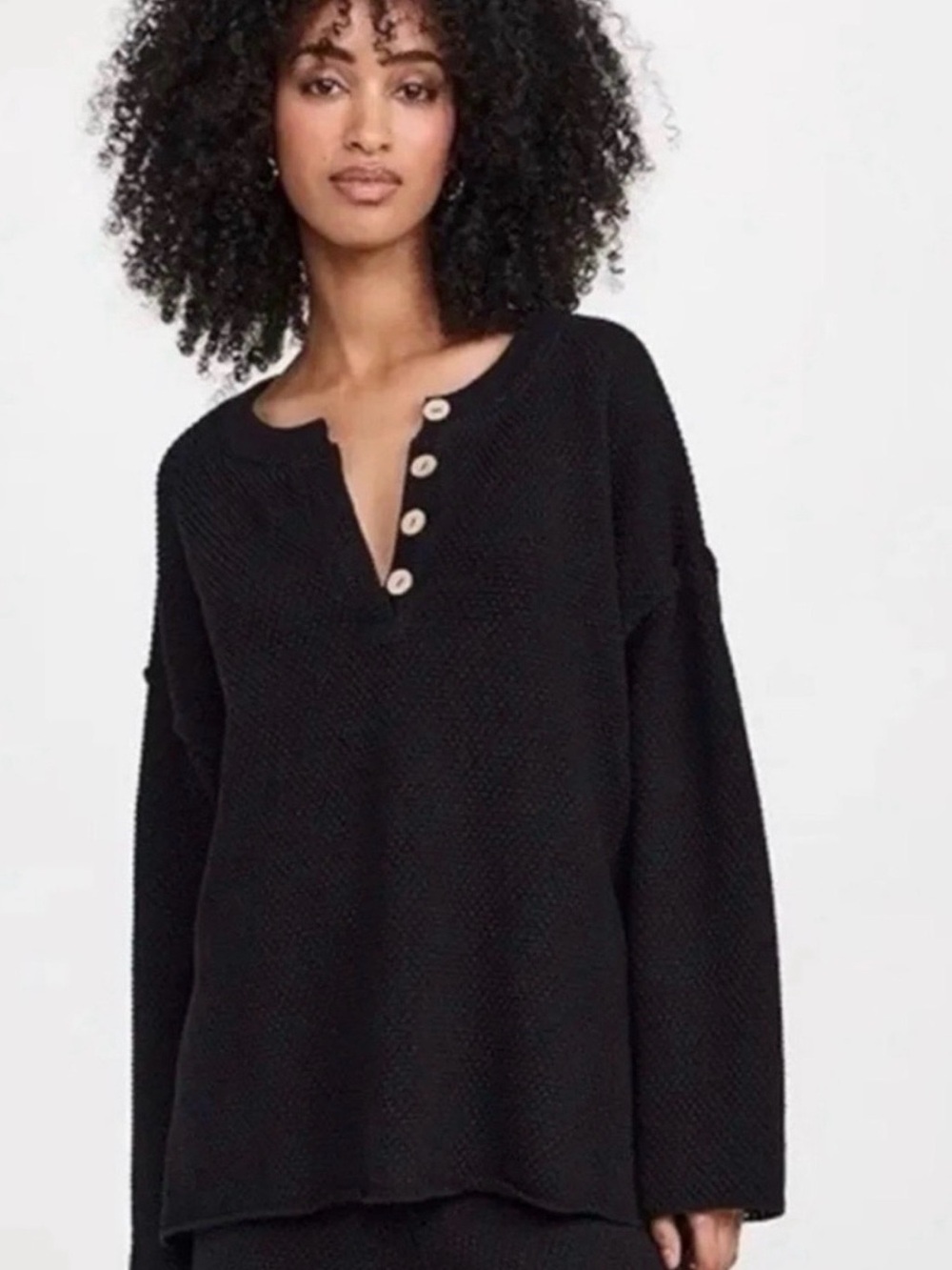 Free People Beach Black V‑Neck Button Henley Sweater